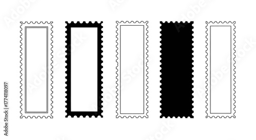 Collection of five distinct blank postage stamp or decorative frame templates featuring serrated edges in various black and white graphic styles, perfect for design elements, labels, or badges