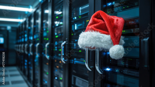 High-tech server room with glowing blue server racks. A bright red Santa Claus hat hangs on one of the metal handles.