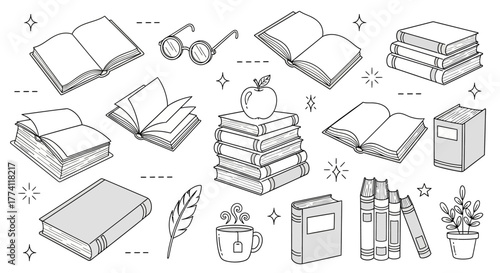 Hand-drawn doodle set of books and reading accessories. This vector collection features line art icons for education, literature, and library themes