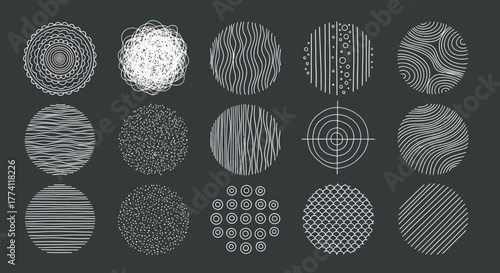 Dynamic set of circular abstract patterns and graphic textures, showcasing intricate line art, organic forms, and geometric designs for modern creative applications