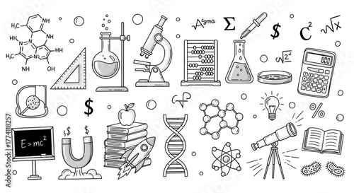 Collection of Science Education Icons Microscope, DNA, Calculator & More