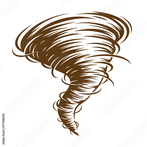 Vintage art illustration of a powerful brown tornado twisting against a white backdrop