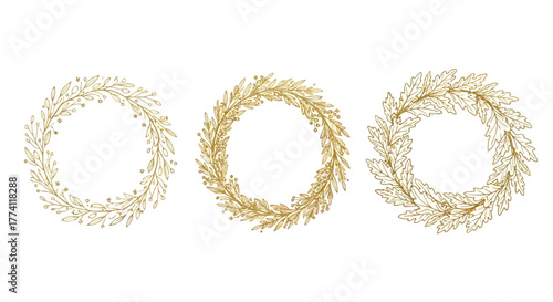 Three elegant golden circular wreaths with delicate details and shimmering accents on a white background