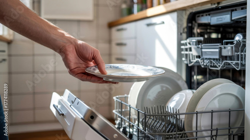 Male hand placing plate in dishwasher with clean dishes in kitchen