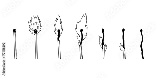 Set of burning matches. Wooden matchsticks with flame in sequence. Black and white vector hand-drawn illustration.