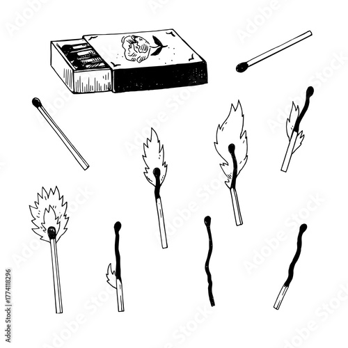Set of burning matches. Wooden matchsticks with flame in sequence. Black and white vector hand-drawn illustration.
