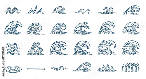 Collection of hand-drawn wave illustrations, depicting various sea and water movements
