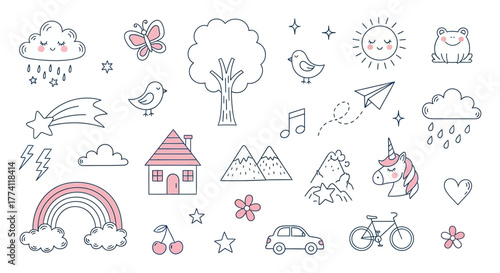 A delightful collection of whimsical hand-drawn doodle icons, featuring charming nature elements, everyday objects, and fantasy creatures, perfect for various 