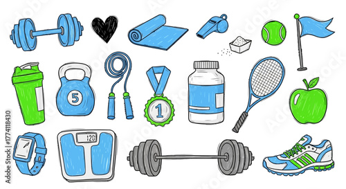A vibrant collection of hand-drawn doodle icons representing fitness, gym workouts, and a healthy lifestyle. Graphic elements for sports and wellness concepts