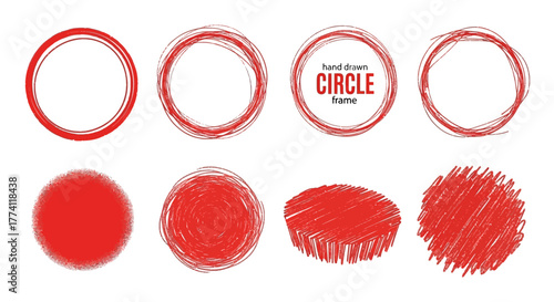 Versatile set of vibrant hand-drawn red graphic elements, including sketched circles, textured frames, and abstract scribbles, ideal for modern design