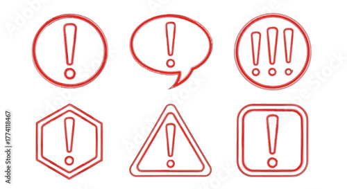 An ultra graphic collection of red outline exclamation mark icons. Vector set of warning, attention, and danger symbols isolated on a white background