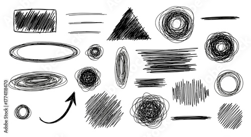 Versatile set of hand-drawn scribble elements and sketch shapes for graphic design, offering unique textures, expressive strokes, and artistic accents for creative projects