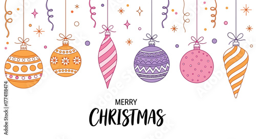 Hand-drawn ultra graphic Christmas decoration border with a row of hanging baubles, streamers, and stars for festive holiday greetings