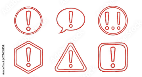 Collection of Six Red Exclamation Mark Warning Icons in Various Geometric Shapes and Speech Bubbles