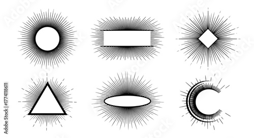 A minimalist set of geometric sunburst frames and borders. Abstract vector illustration with radiating lines for graphic design elements