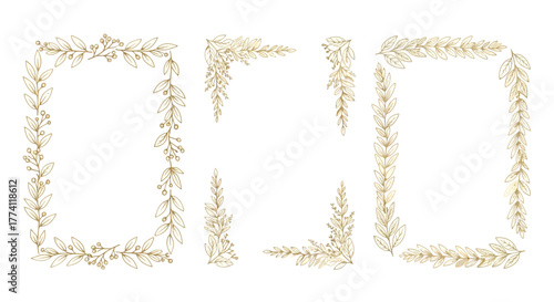 Elegant golden botanical frames and decorative corner elements set. Featuring delicate hand-drawn leaf and berry accents, ideal for wedding invitations, greeting cards, and festive design projects
