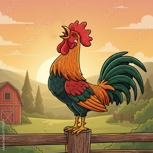 Rooster crows at dawn on a farm, cartoon style