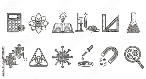 Hand-drawn sketch icons representing science, research, and laboratory equipment. A graphic vector collection for education and discovery concepts