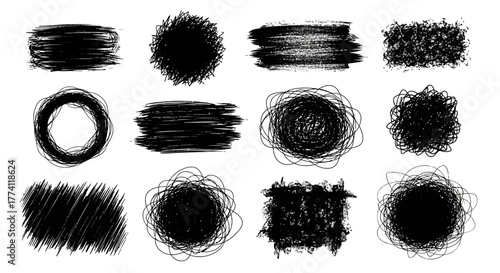 Versatile collection of hand-drawn black scribble textures, abstract brush strokes, and grunge graphic elements. Dynamic messy circles, rectangular shapes, and irregular patterns