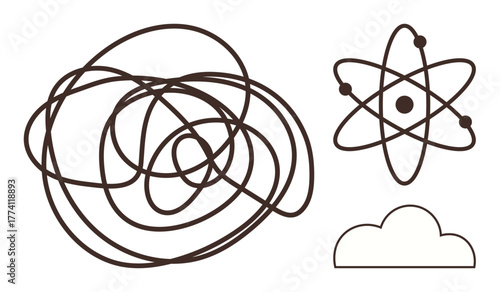 Overlapping chaotic lines, stylized atom with electrons, and minimal cloud evoke complexity, science, and thoughts. Ideal for creativity, problem-solving, brainstorming, learning ideas connection