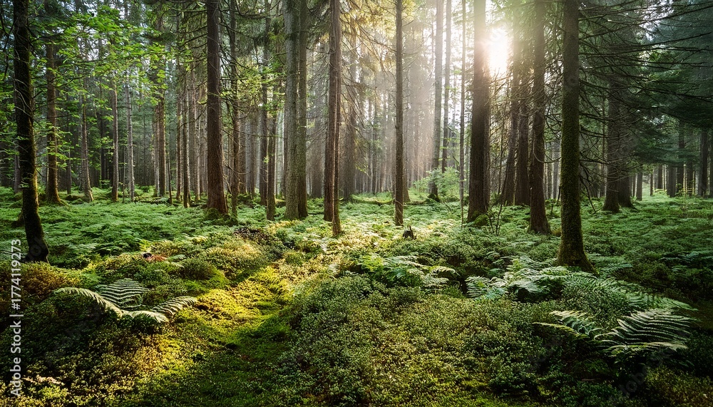 Obraz premium Mossy Forest Clearing With Ferns And Soft Light Through Tall Trees