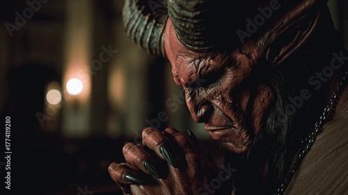 4k video of a devil praying in a church.