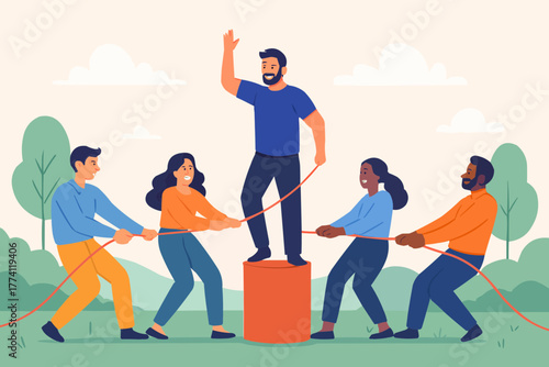 Flat vector of coworkers participating in outdoor team-building activity, fun and unity