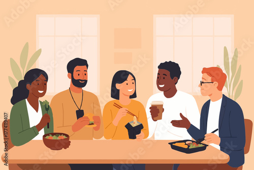 Flat vector of diverse coworkers enjoying lunch together in office cafeteria, casual and friendly atmosphere