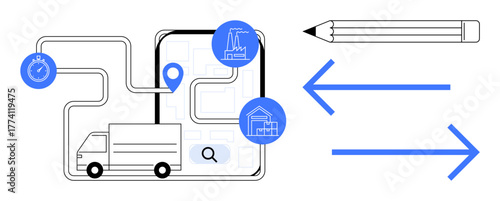 Delivery truck navigating map with facilities, stopwatch, location pin, arrows, pencil. Ideal for logistics, supply chain, transportation planning delivery optimization business. Simple flat