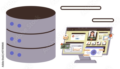Data server next to a computer monitor displaying graphs, charts, and user interface elements. Ideal for technology, database, software, information security, analytics, management visualization