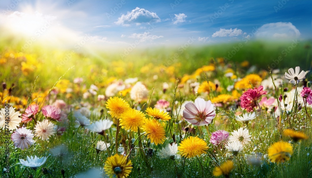 Obraz premium Blumenwiese Hintergrund Panorama Sommerblumen