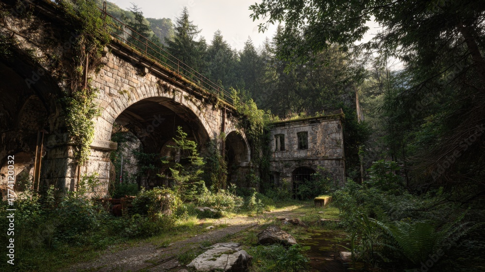 Fototapeta premium An abandoned railway station in the Italian countryside, overgrown with vegetation, features a majestic arched stone bridge, evoking a sense of nostalgia and the passage of time.