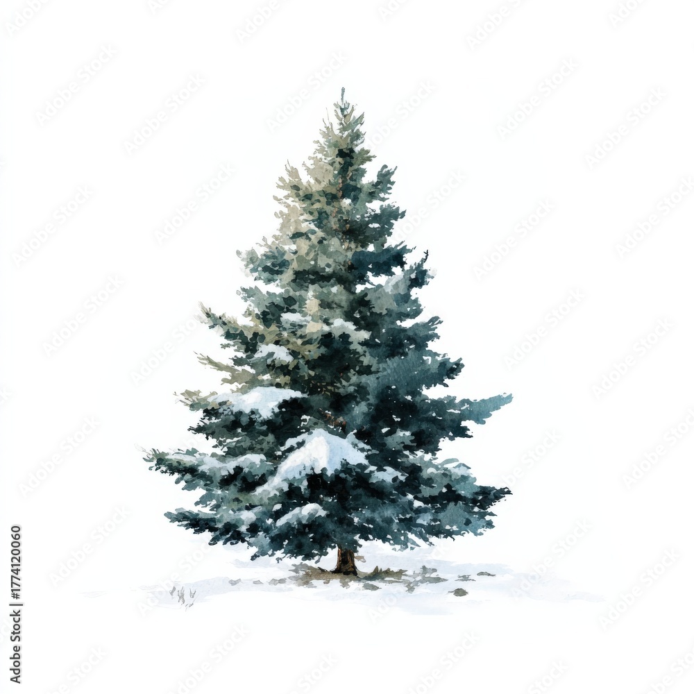 Obraz premium A beautifully detailed watercolor illustration of a pine tree blanketed in snow, set against a clean white background, perfect for winter-themed projects and social media posts.