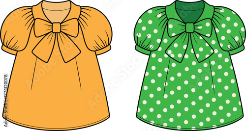 Children's dresses, puff sleeves, large bow, polka dots, rounded neckline, fashion illustration, garment template, vector clothing, stylish outfit