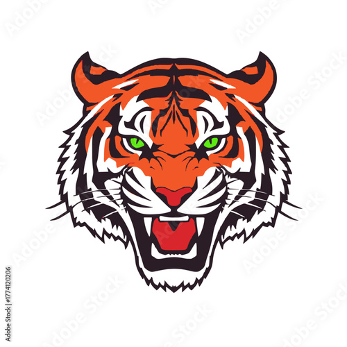 Fierce tiger roaring with intense green eyes and sharp teeth ready
