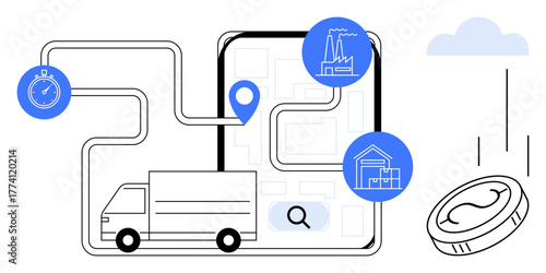 Delivery truck navigating digital map with location pins, factory, warehouse, stopwatch, and coin depicting logistics, supply chain, cost efficiency, time management, and tracking in a simple flat