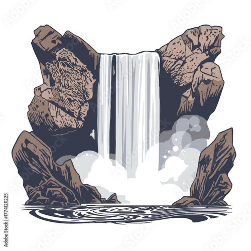 Majestic waterfall cascades down rugged rocks into misty pool below