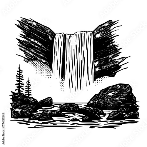 Serene waterfall cascades into calm river surrounded by rugged rocks and trees