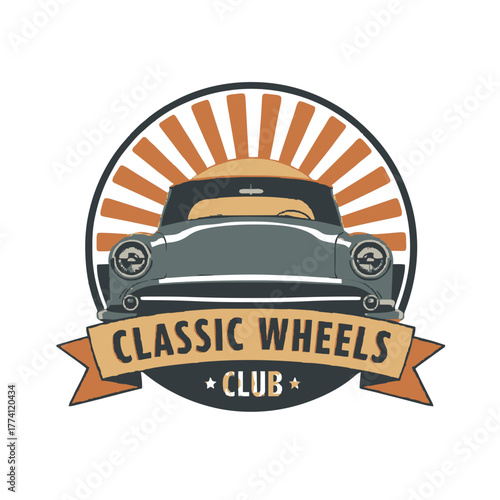 Retro car emblem for classic wheels club vintage auto enthusiasts