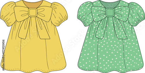 Children's dresses, yellow and green, large bow, puff sleeves, scalloped hem, cute fashion, polka dots, garment design, vector illustration