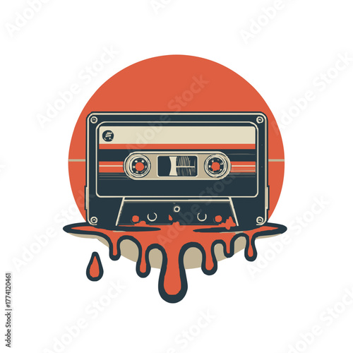 Retro cassette tape melting with vibrant vintage style and artistic flair