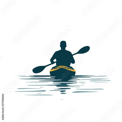 Solo kayaker paddling peacefully on calm water surface reflecting journey