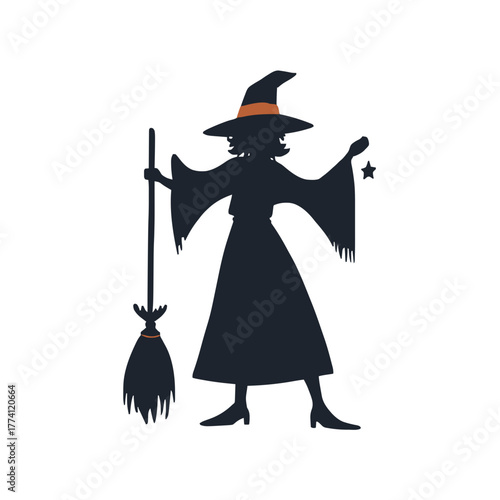 Whimsical witch with broom and star conjures Halloween magic