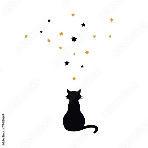 Whimsical black cat gazes at falling stars, sparking imagination and wonder.