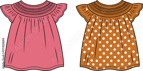 Children's flutter sleeve dresses, smocked neckline design, polka dot pattern, solid color, fashion template, vector illustration, garment mockup, apparel sketch