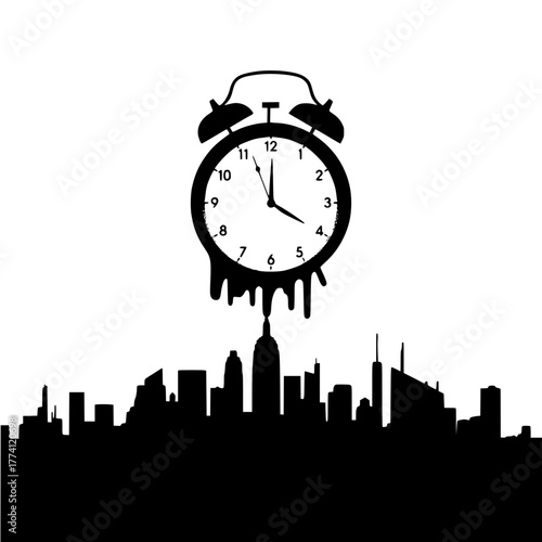 Melting alarm clock above city skyline symbolizes urgent deadlines and time pressure
