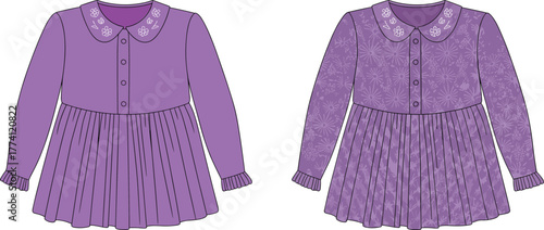 Children's long sleeve dresses, purple toddler fashion, pleated skirt design, Peter Pan collar, floral pattern, textured fabric, stylish kidswear