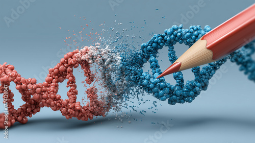 A metaphor for base editing, comparing it to a precise molecular pencil rewriting a DNA sequence.