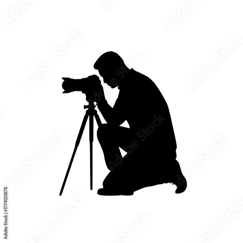 Creative photographer focusing subject with camera on tripod, artistic silhouette