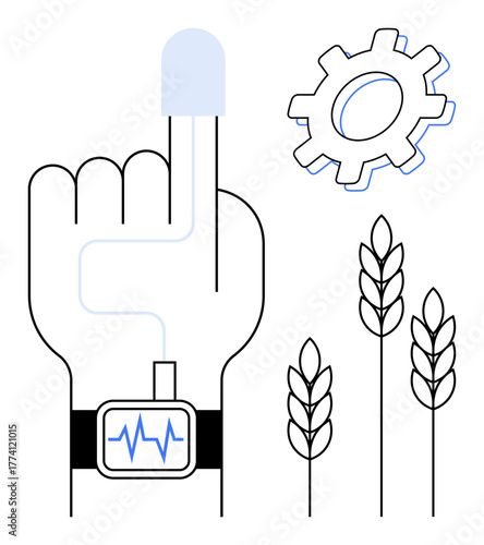 Hand wearing health tracker, finger scan icon, gear icon, wheat stems. Ideal for health tech, precision agriculture, sustainability, innovation nutrition data integration modern farming. Simple